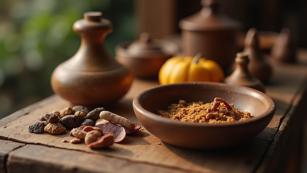 Close-up view of traditional ritual artifacts arranged on a wooden table