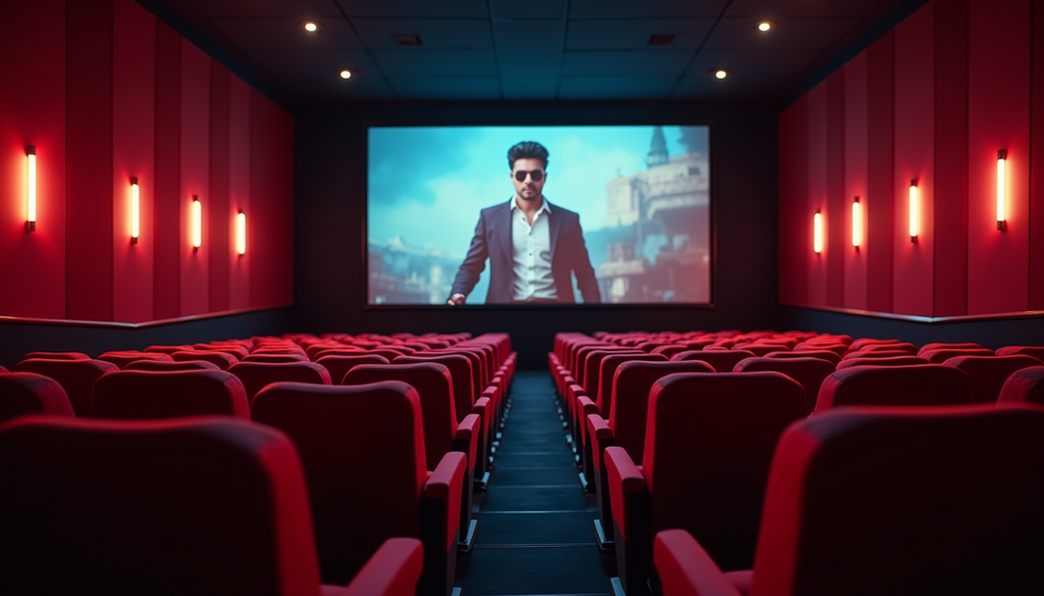 Eye-level view of a cinema hall with a Bollywood movie poster on the screen