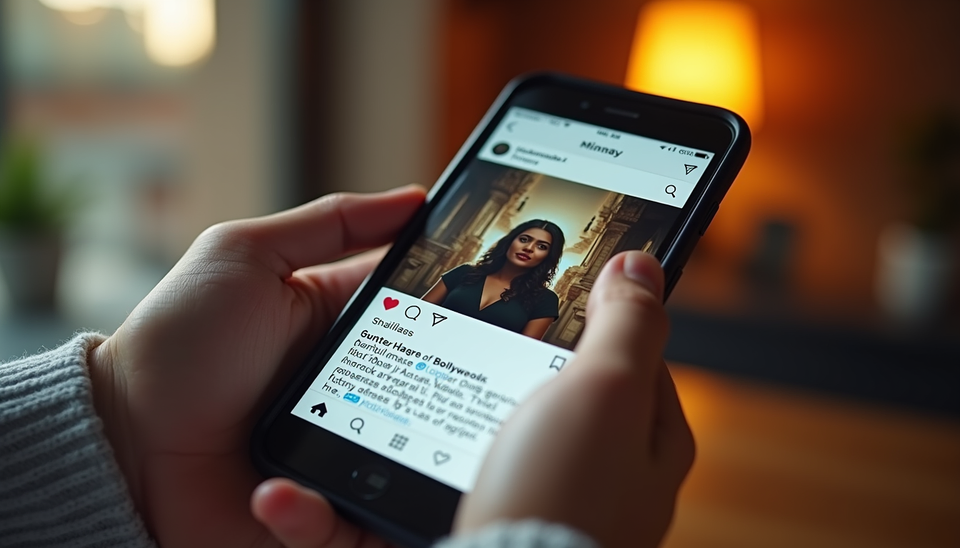 Close-up view of a smartphone displaying a social media feed related to Bollywood