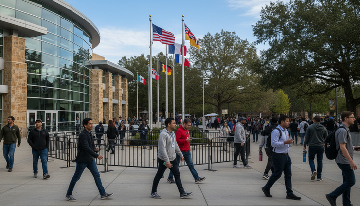 Wide-angle view of a technology summit venue in North Carolina with flags near an entrance.