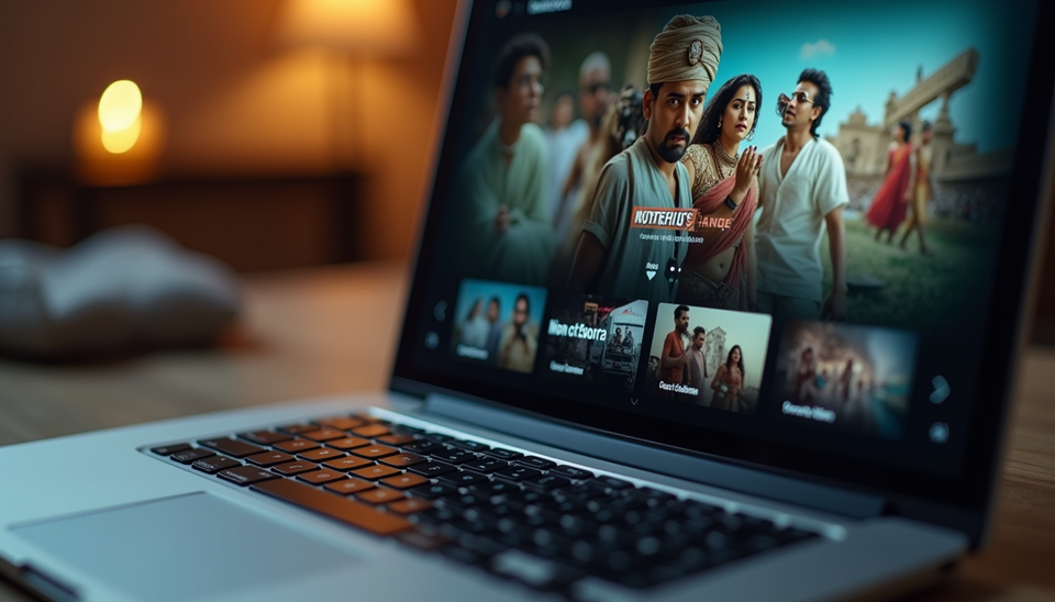 Close-up view of a laptop screen showing a Hindi movie streaming platform with a new release featured