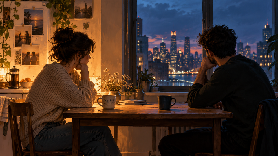 AI illustration of a young couple facing emotional distance in their city apartment