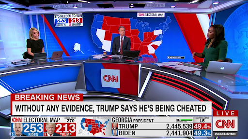 Dana Bash, Jake Tapper, and Abby Phillip sit socially distanced in the news room around a blue and red news desk.