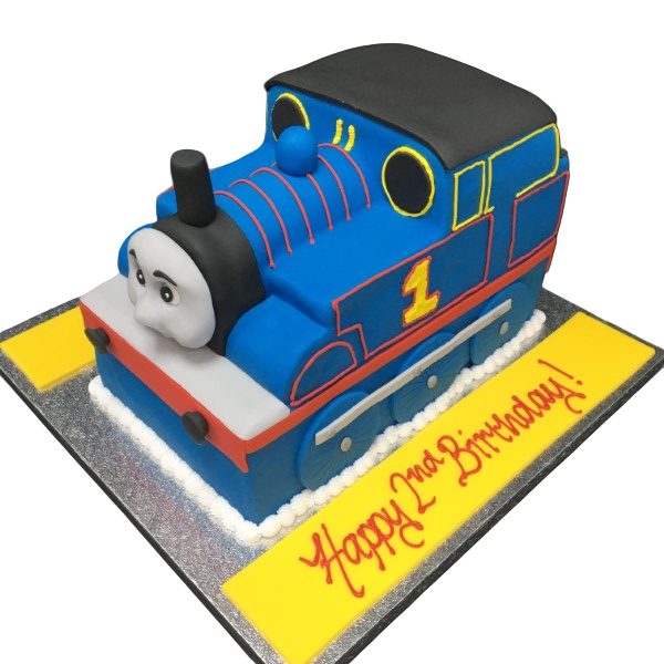 A whimsical and vibrant Thomas The Tank Engine themed cake perfect for children's birthday parties or train enthusiasts in United Kingdom.