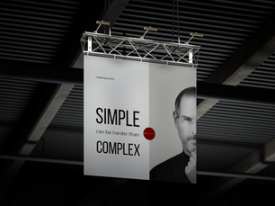 A big poster hanging from the ceiling