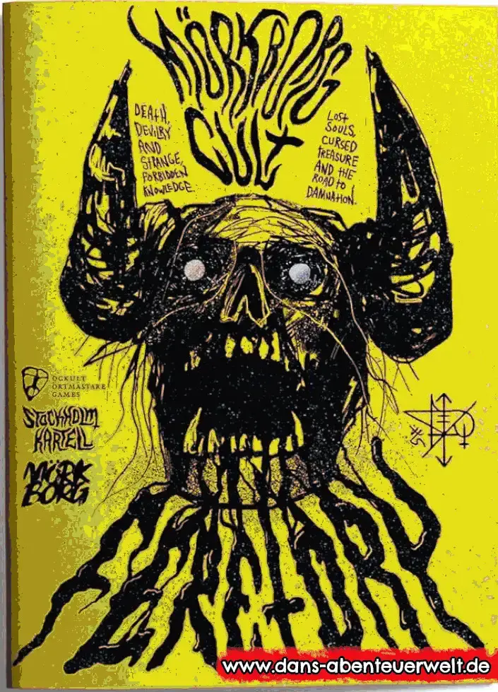 schreiender totenschädelmit hörnern mörk borg cult feretory