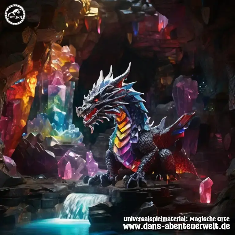 Ein Kristalldrache in einer bunten Höhle