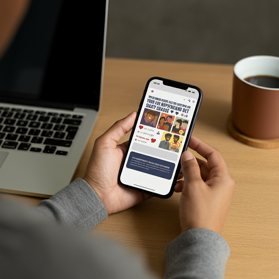 A volunteer sharing a social media post about a nonprofit cause on their smartphone.