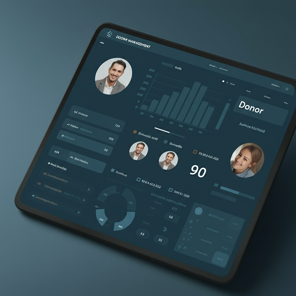 Donor management dashboard with graphs and profiles.