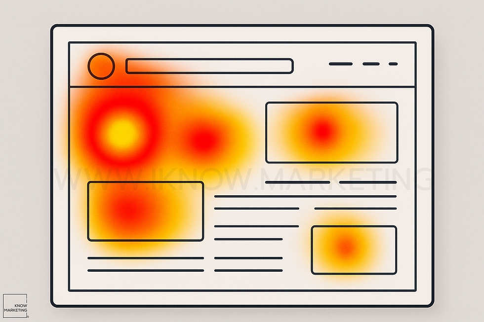 Webpage heatmap with red and yellow spots indicating user focus. Contains browser elements and text boxes. URL: IKNOW.MARKETING.