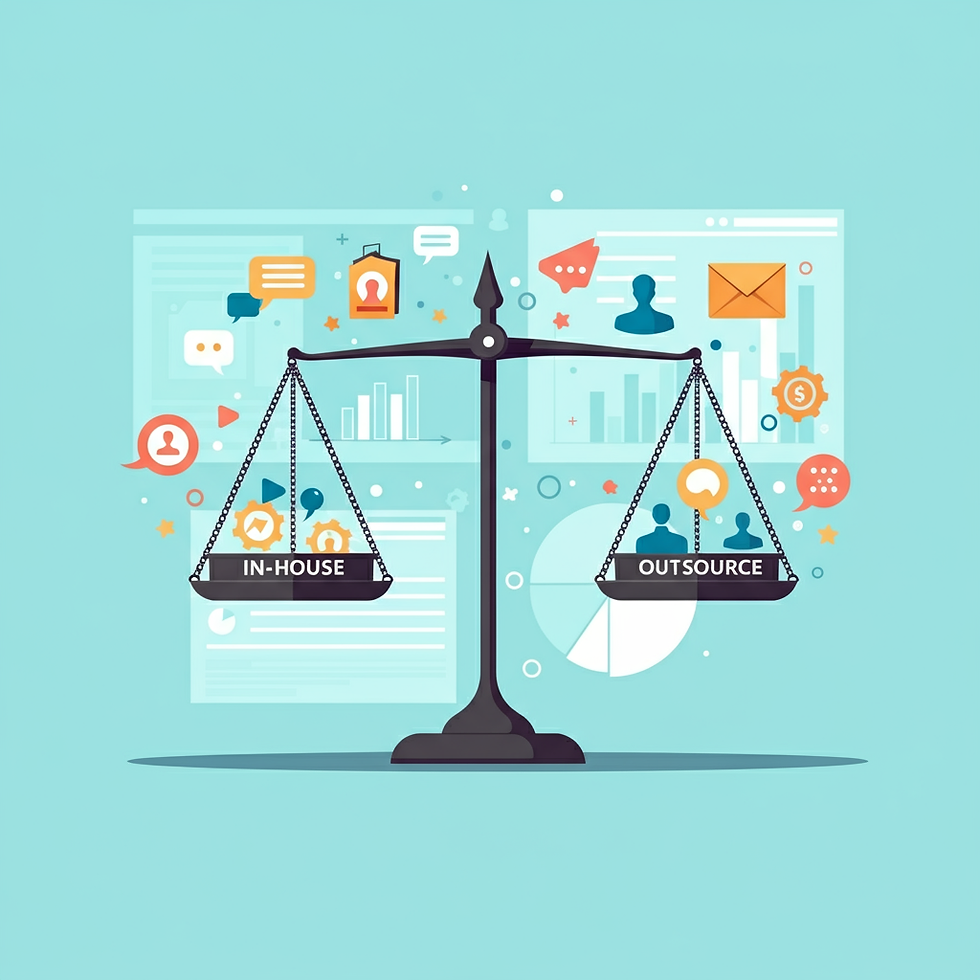 Scale balancing in-house and outsourced marketing with digital icons around it.