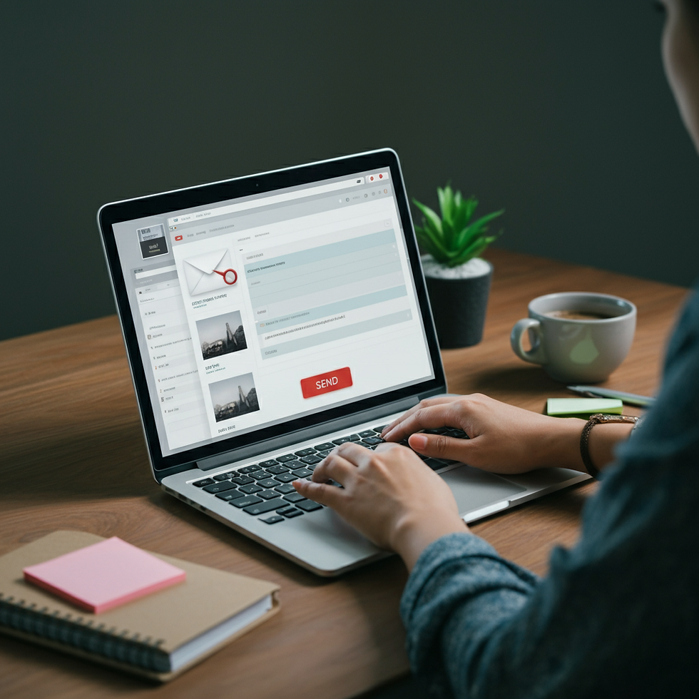 Person designing an email campaign on a laptop with a "Send" button.
