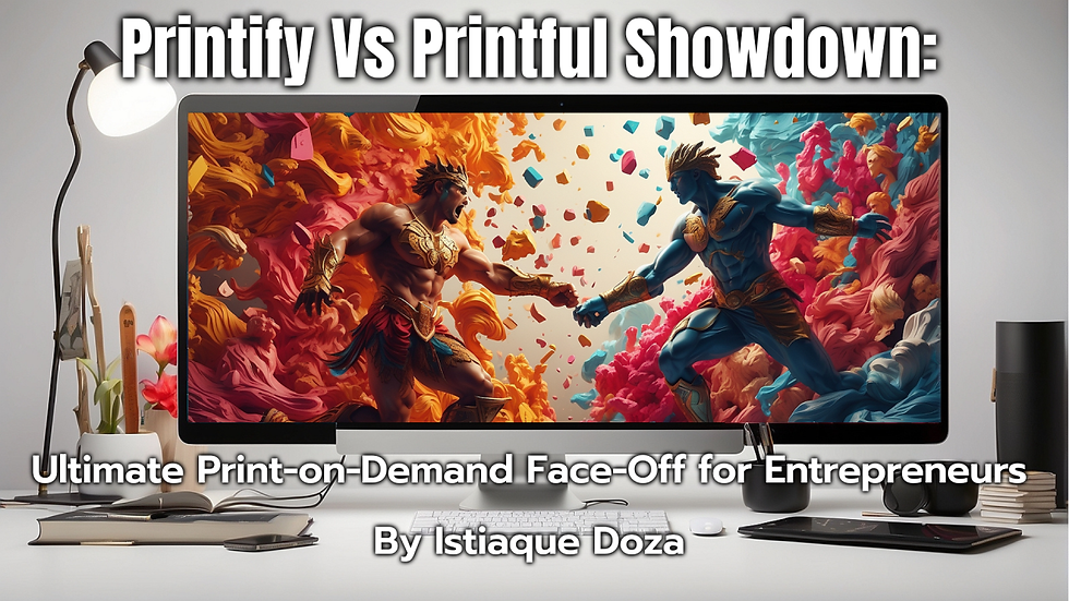 A blog banner showing a table with a computer screen with two warriors, one representing Printify, and another representing Printful fighting one another for dominance. 