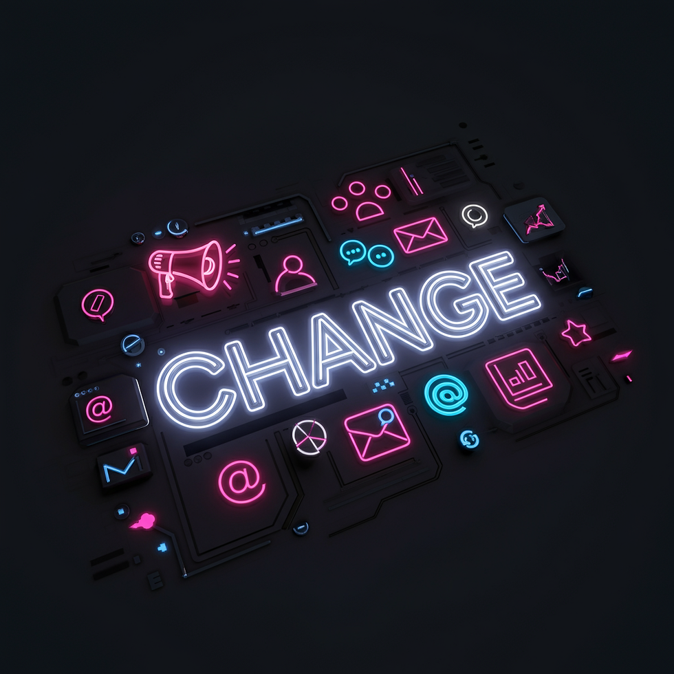 Glowing "Change" sign with marketing icons.