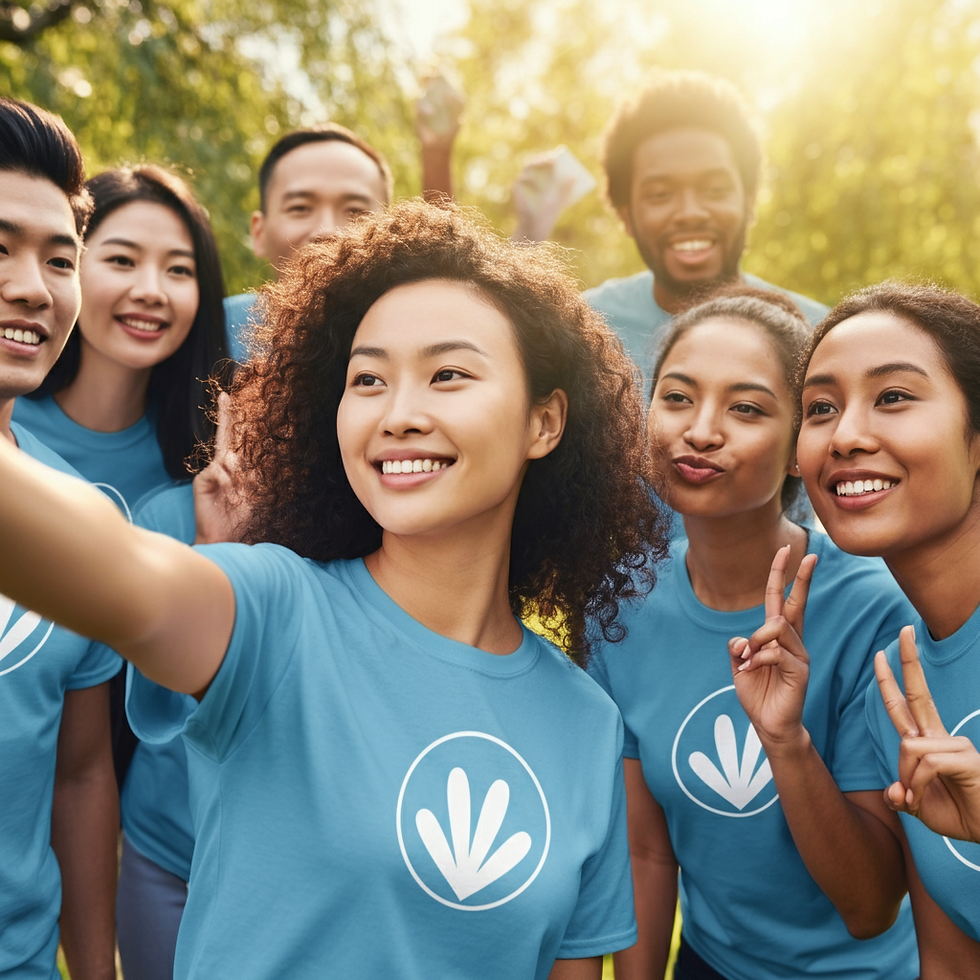 Diverse volunteers taking a selfie outdoors.