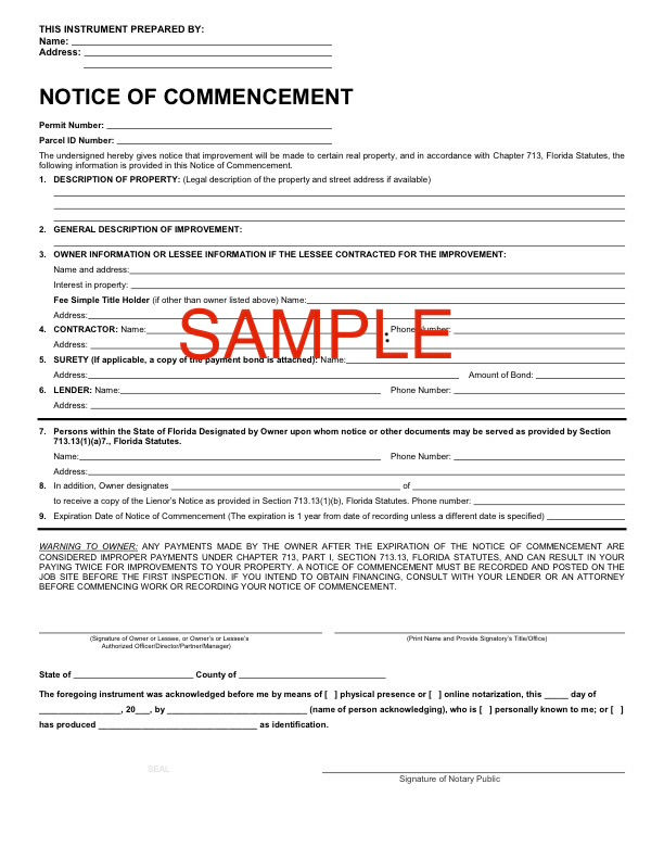 Sample Notice of Commencement to be filed when starting a construction project in Florida

