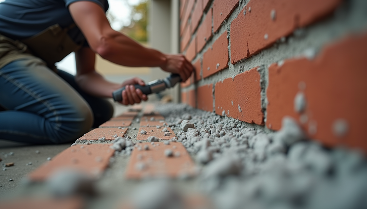 Eye-level view of a mason applying mortar to a brick wall during repair