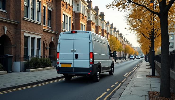High angle view of a maintenance van parked outside a London residential building
