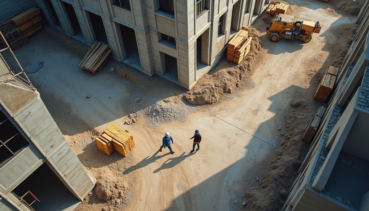 High angle view of a UK construction site with workers and building materials