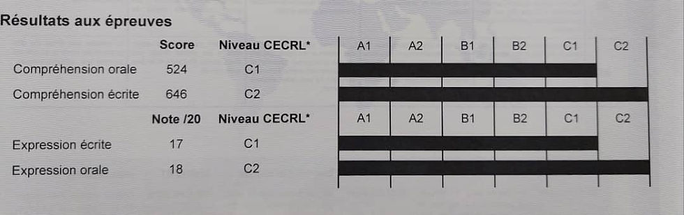 Snapshot of an authentic TCF certificate exemplifying exam results. A tangible glimpse into the correlation between scores and CEFR levels.