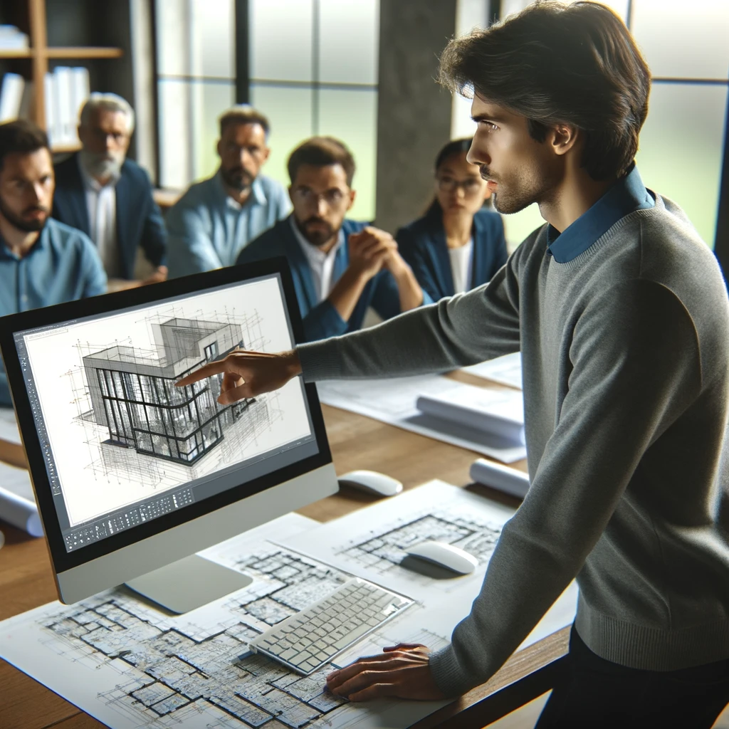 Un formateur présente un modèle architectural en 3D sur un logiciel de CAO lors d'une session de formation professionnelle pour architectes