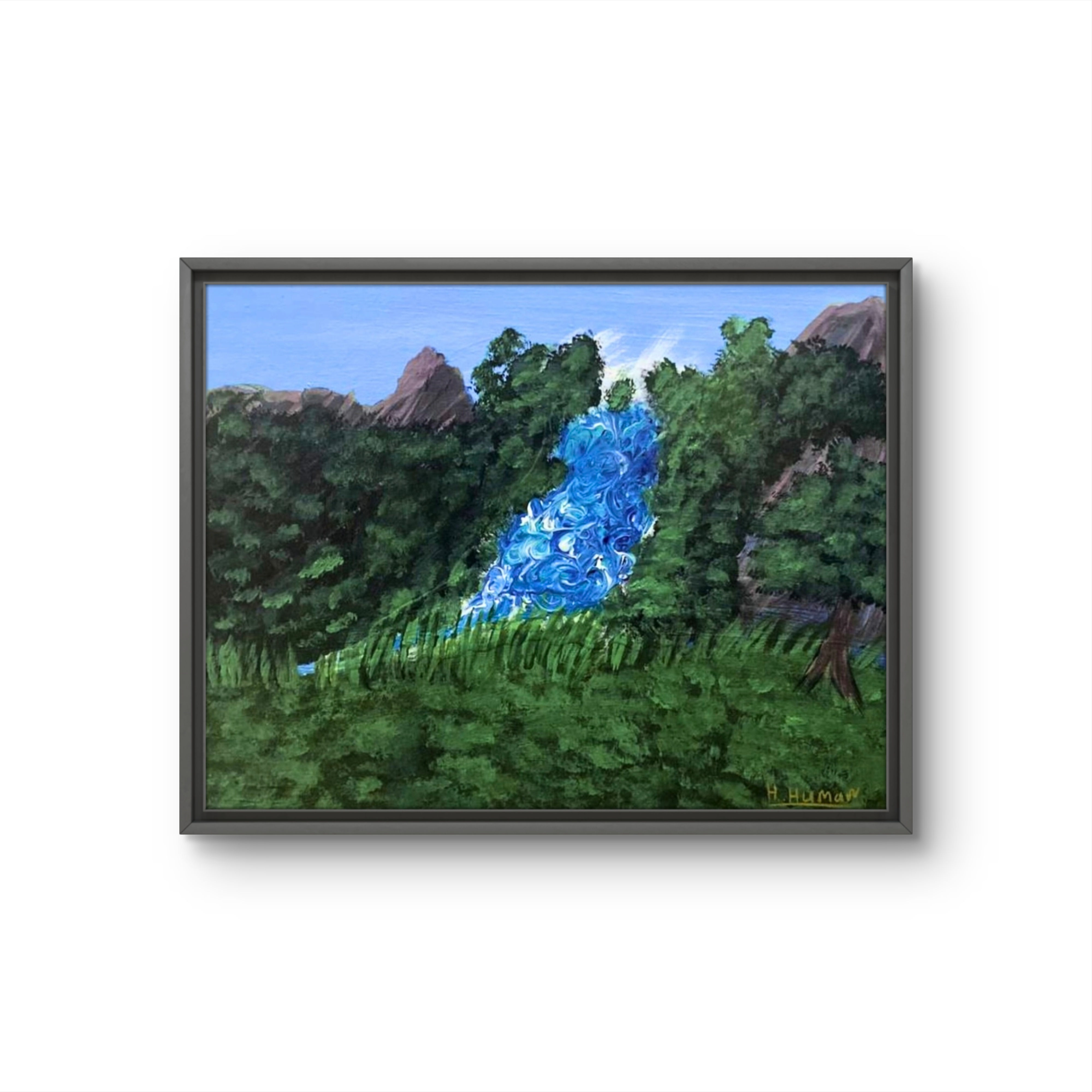Original landscape acrylic painting “Eden’s Falls” by Hanz Human, hand-painted nature artwork displayed in closeup