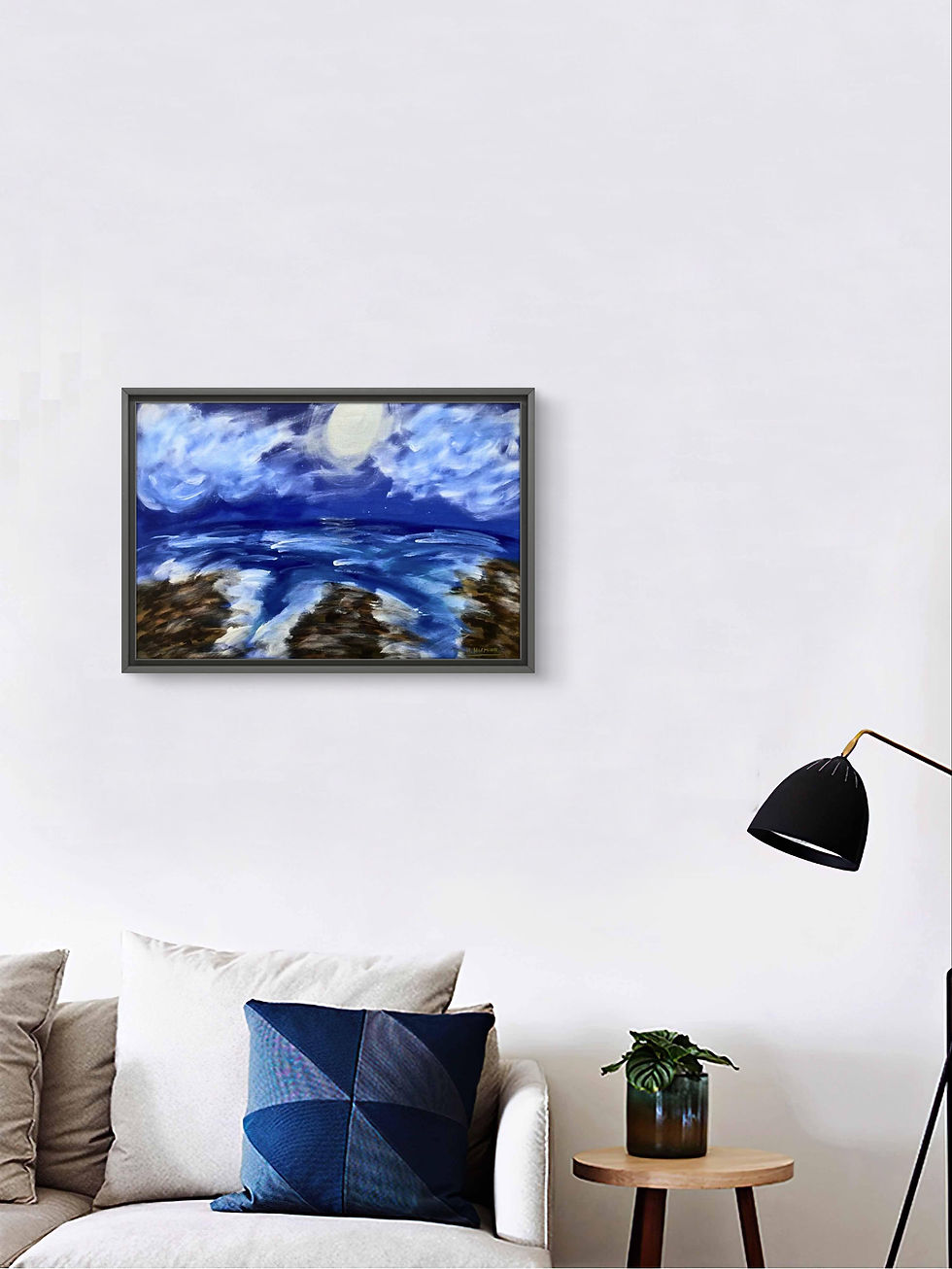 Thumbnail: Original landscape acrylic painting “Rocky Shores” by Hanz Human, hand-painted nature artwork displayed in living room