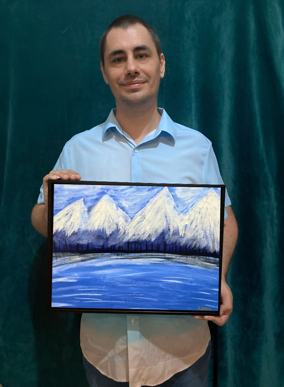 Thumbnail: Artist Hanz Human holding Blizzard original mountain landscape painting
