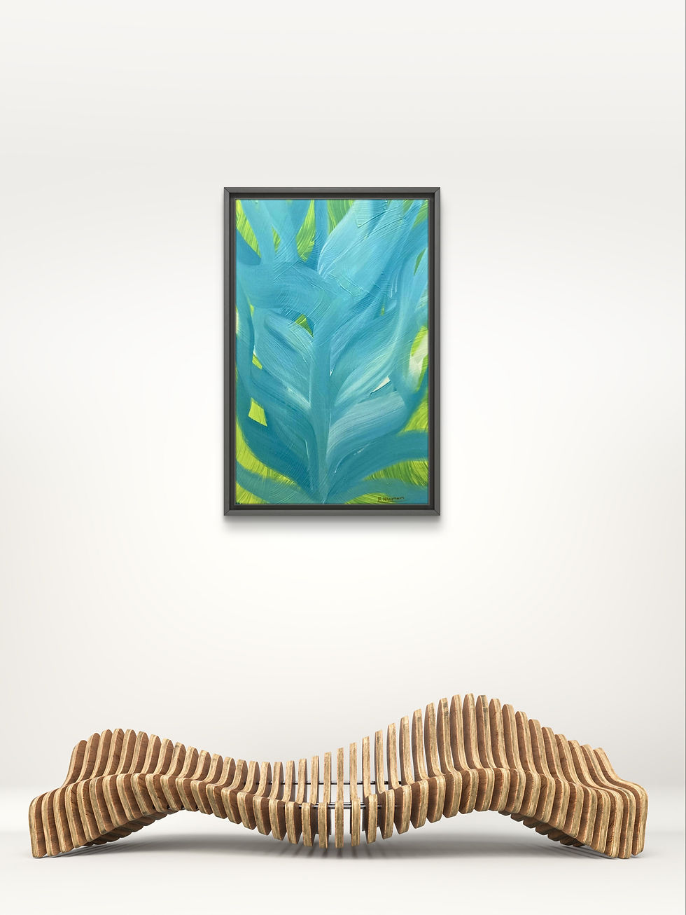 Eye-level view of a vibrant acrylic painting displayed on a white gallery wall