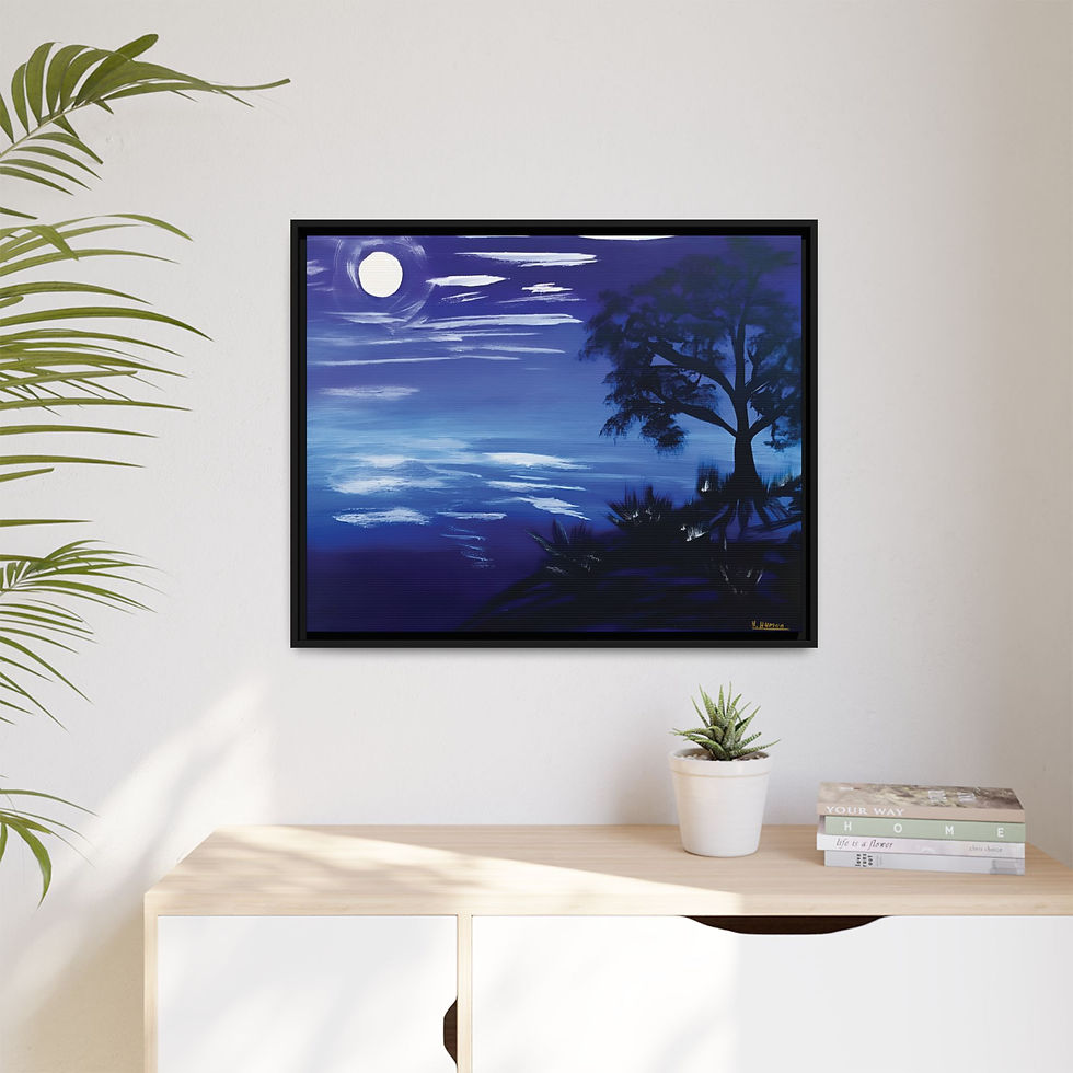 Thumbnail: Moonlit Serenity moonlit coastal wall art print on a modern light wall