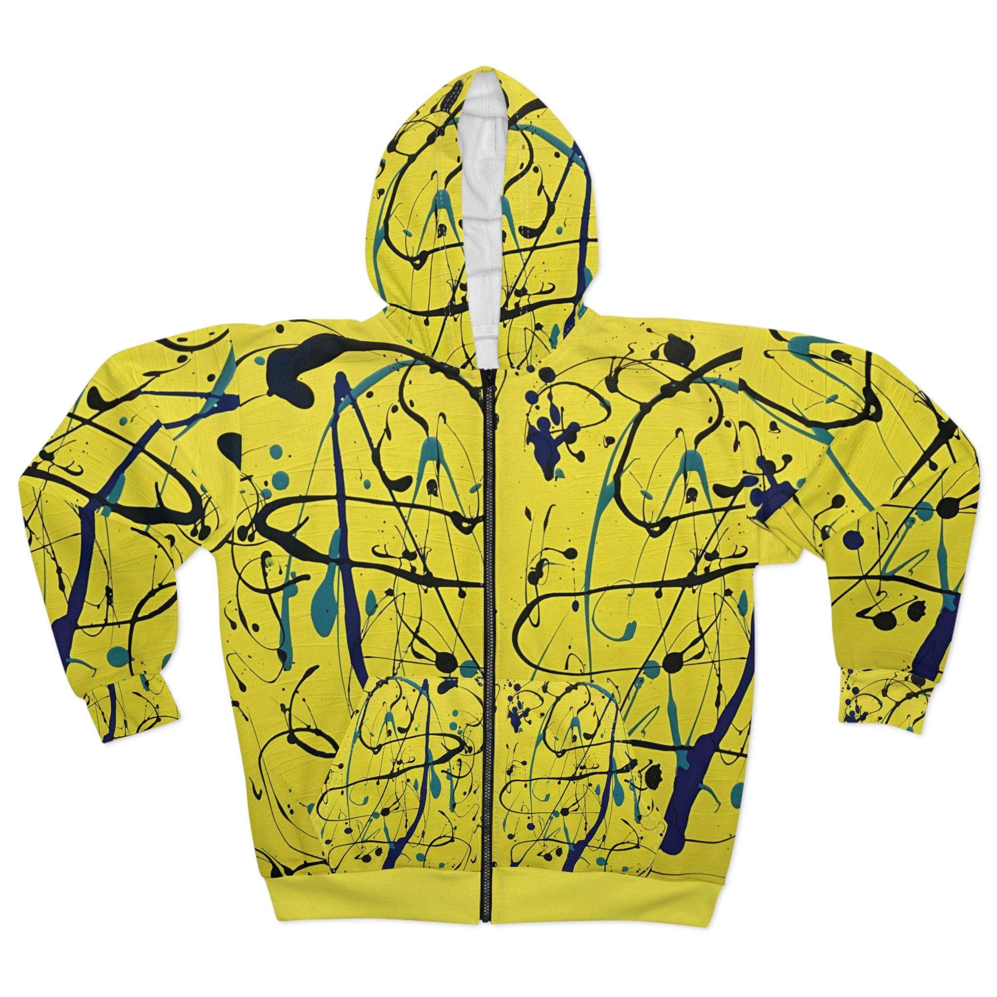 Abstract Yellow Zip Hoodie – Bold Artistic Streetwear Symphony of Life
