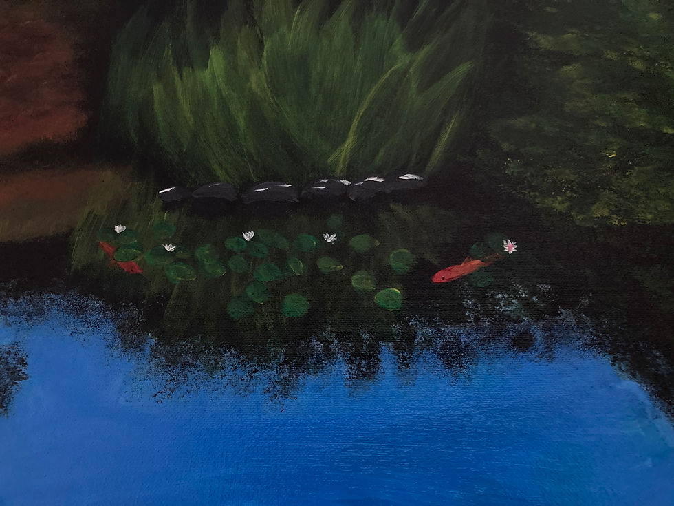 Thumbnail: Original landscape acrylic painting “Peaceful Pond” by Hanz Human, hand-painted nature artwork displayed in closeup