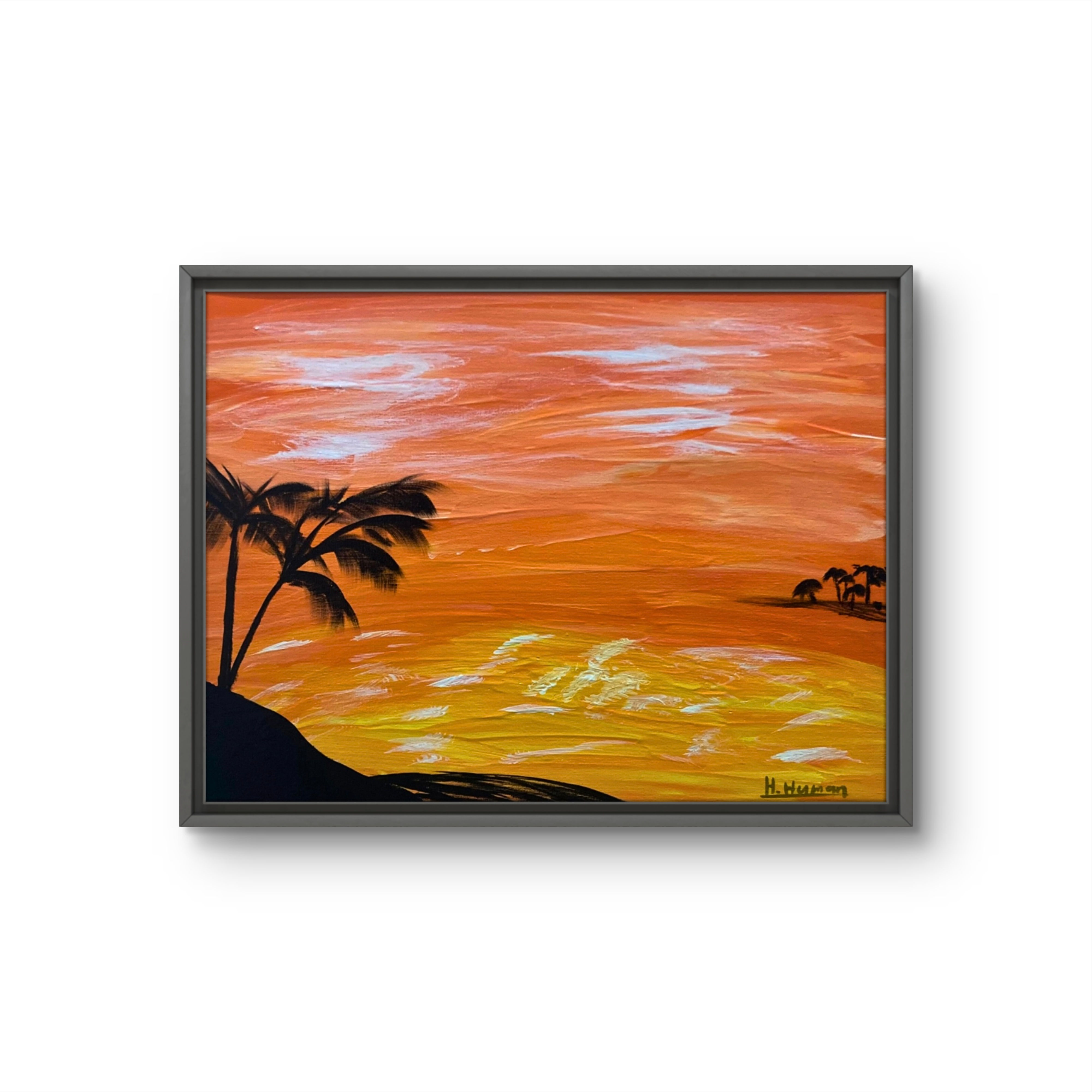 Original landscape acrylic painting “ Golden Island Dreams” by Hanz Human, hand-painted nature artwork displayed in closeup
