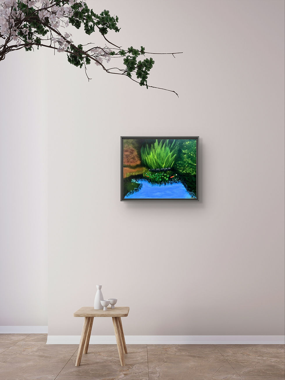 Thumbnail: Original landscape acrylic painting “Peaceful Pond” by Hanz Human, hand-painted nature artwork displayed in gallery