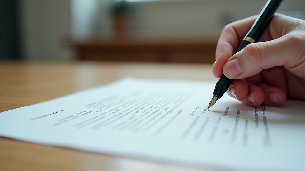 Eye-level view of a legal document with a pen on a wooden desk