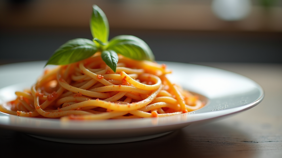 Close-up view of cooked pasta strands with sauce on a plate