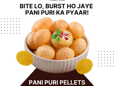 Zayco Pani Puri Pellets And Fried Puris in A Bowl. Text : Bite Lo Burst Ho Jaye! Pani Puri Ka Pyaar.