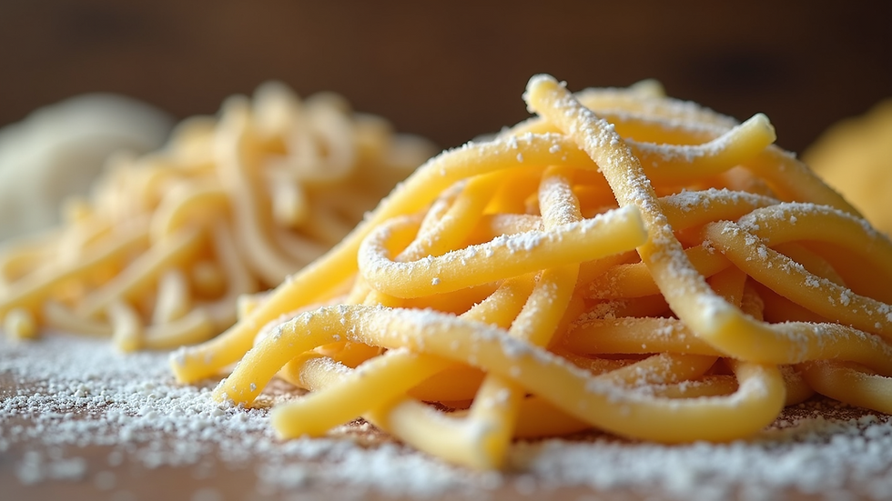 High angle view of various pasta types made from quality flour