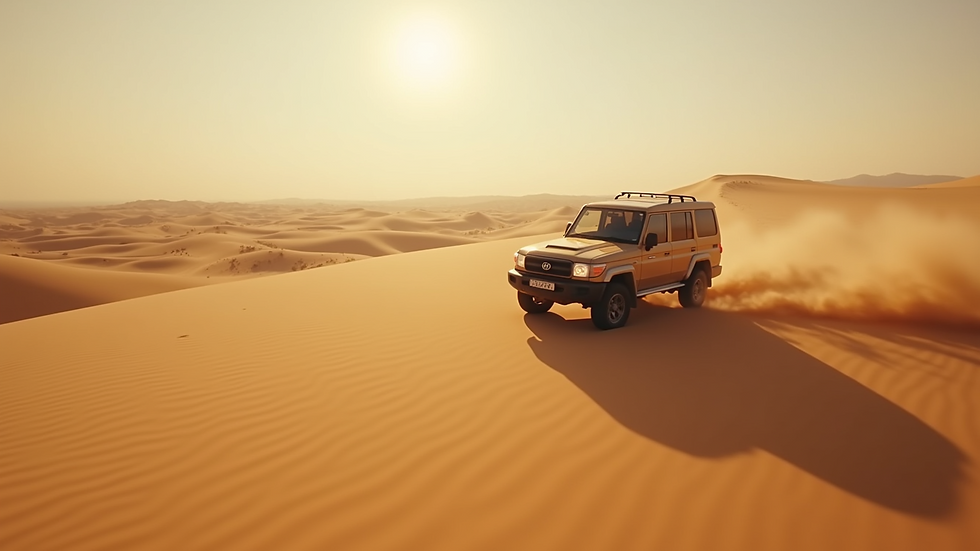 High angle view of a 4x4 vehicle speeding across golden sand dunes