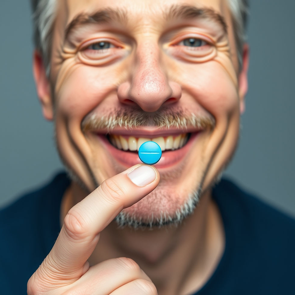 a happy and healthy man about to take a small brilliant blue glossy circular asprin shaped