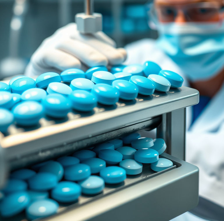 A clean and clinical looking press creating brilliant blue, glossy pills that look similar
