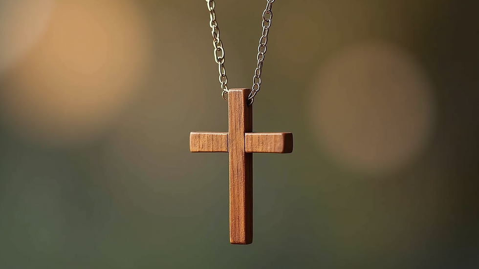 Close-up of a small wooden cross pendant on a delicate chain