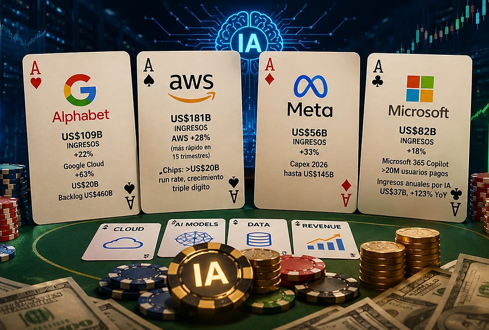 Alphabet, Amazon, Meta y Microsoft: el póker que convierte la IA en una máquina de ingresos
