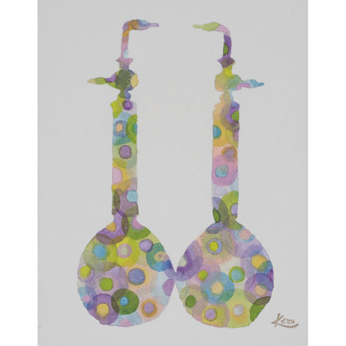 水彩作品　多色の円形パターンによる抽象的なシルエット。