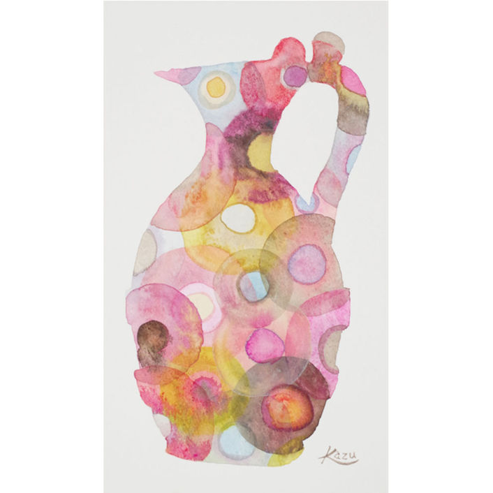 水彩作品「効き目のない媚薬」。多色の円形パターンによる抽象的なシルエット。