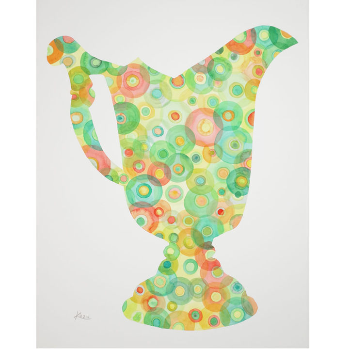 美術作家・吉田佳寿による水彩作品「希望」。黄緑を基調にした多色の円形パターンによる抽象的なシルエット。