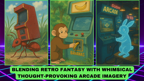 Creative arcade-themed illustrations featuring an ant carrying an arcade cabinet, a monkey inserting a banana into a machine, and a hologram bunny playing arcade games in a cyberpunk café