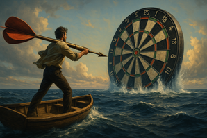 Epic image of a man in a rowboat holding a dart-shaped harpoon aimed at a massive dartboard rising from the ocean, styled like a dramatic sea hunt scene
