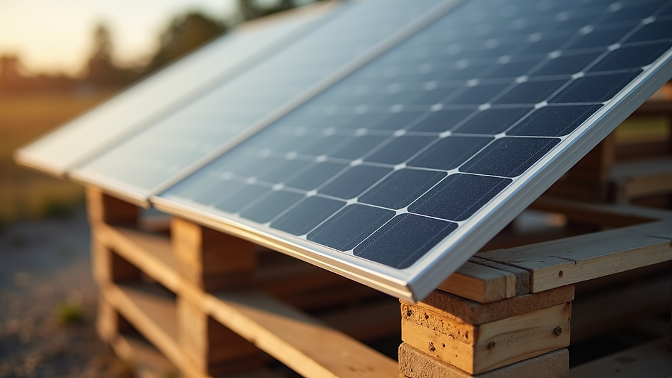 Close-up view of solar panel mounted on a wooden pallet frame