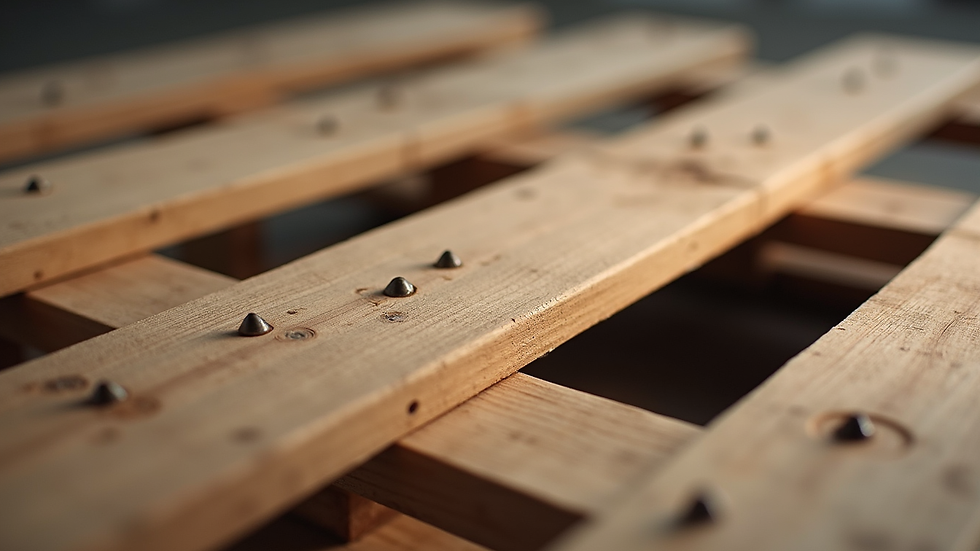 Close-up view of a wooden pallet with visible nails and wood grain